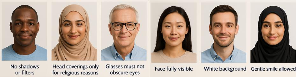 Examples of suitable lanyard ID photos: no shadows or filters, head coverings only for religious reasons, glasses must not obscure eyes, face fully visible, white background, gentle smile allowed